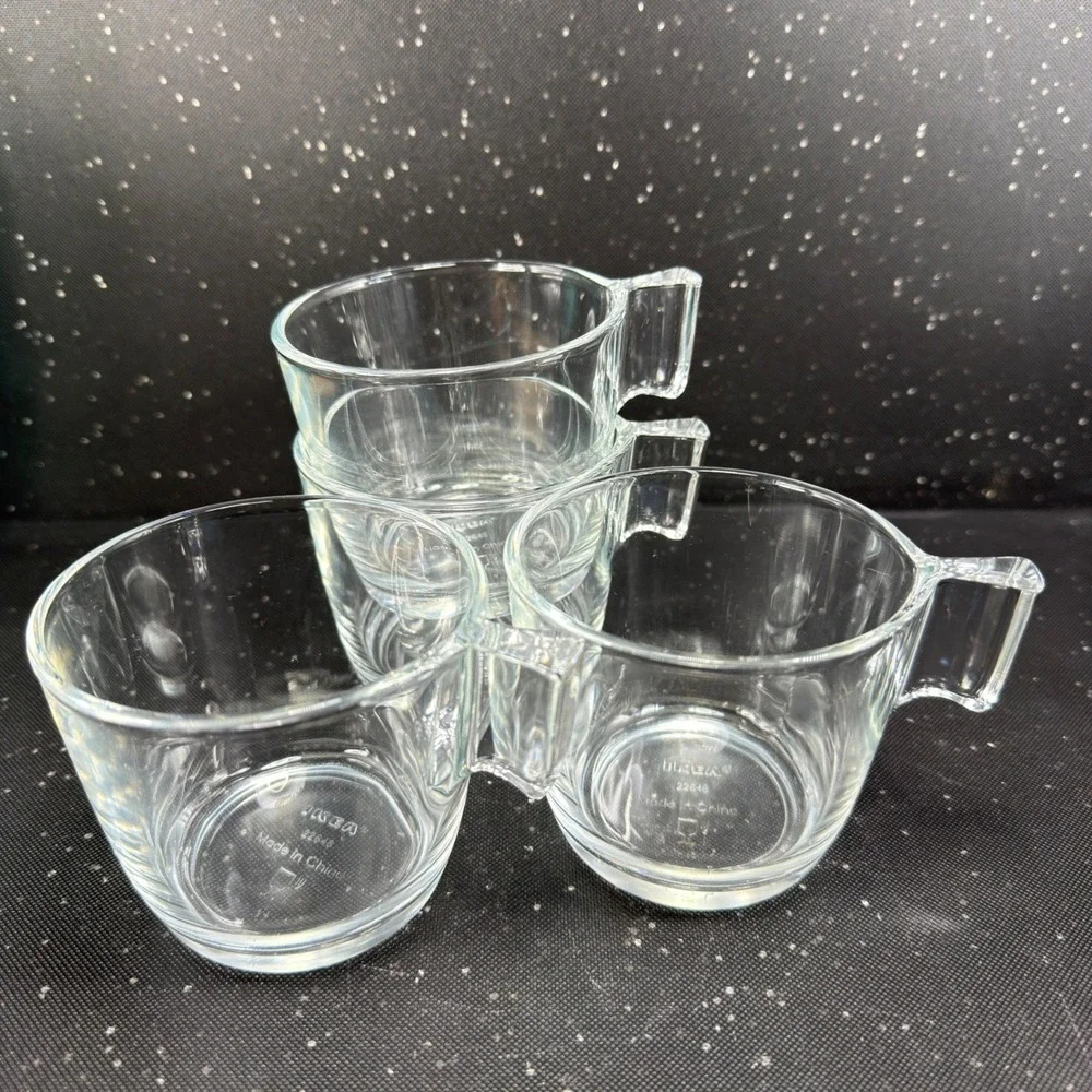 IKEA Clear Glass Coffee Mugs Set of 4 Stackable Square Handle 22648 2.75in Tall